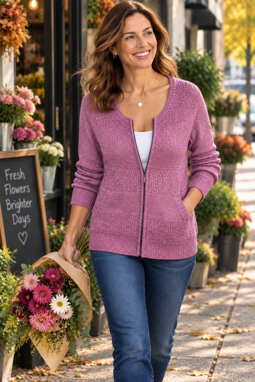 L.L.Bean L Mauve Pink 100% Cotton Textured Knit Zip Cardigan Sweater